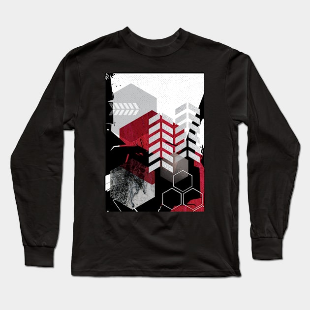 Red and Black Abstract Geo Long Sleeve T-Shirt by UrbanEpiphany